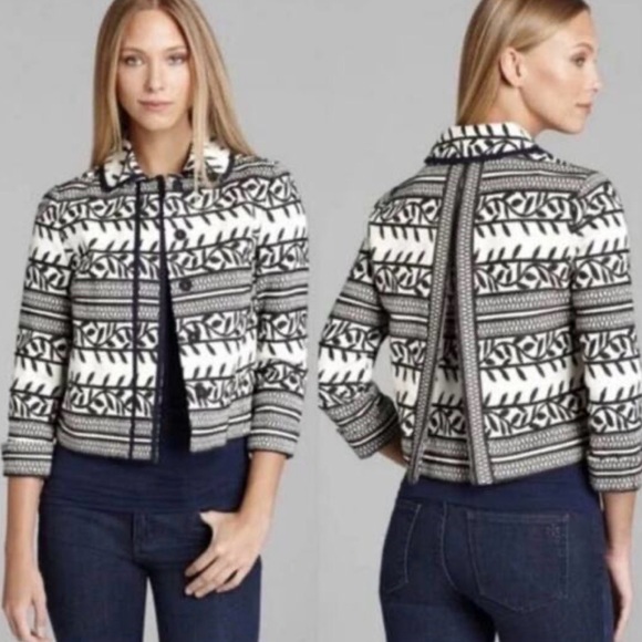 Tory Burch Women's Jacquard Embroidered Blazer - Black/White/Navy - 6